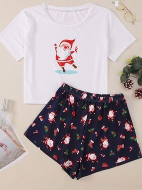Christmas Santa Two-Piece Pajama Set - White Top & Two Shorts